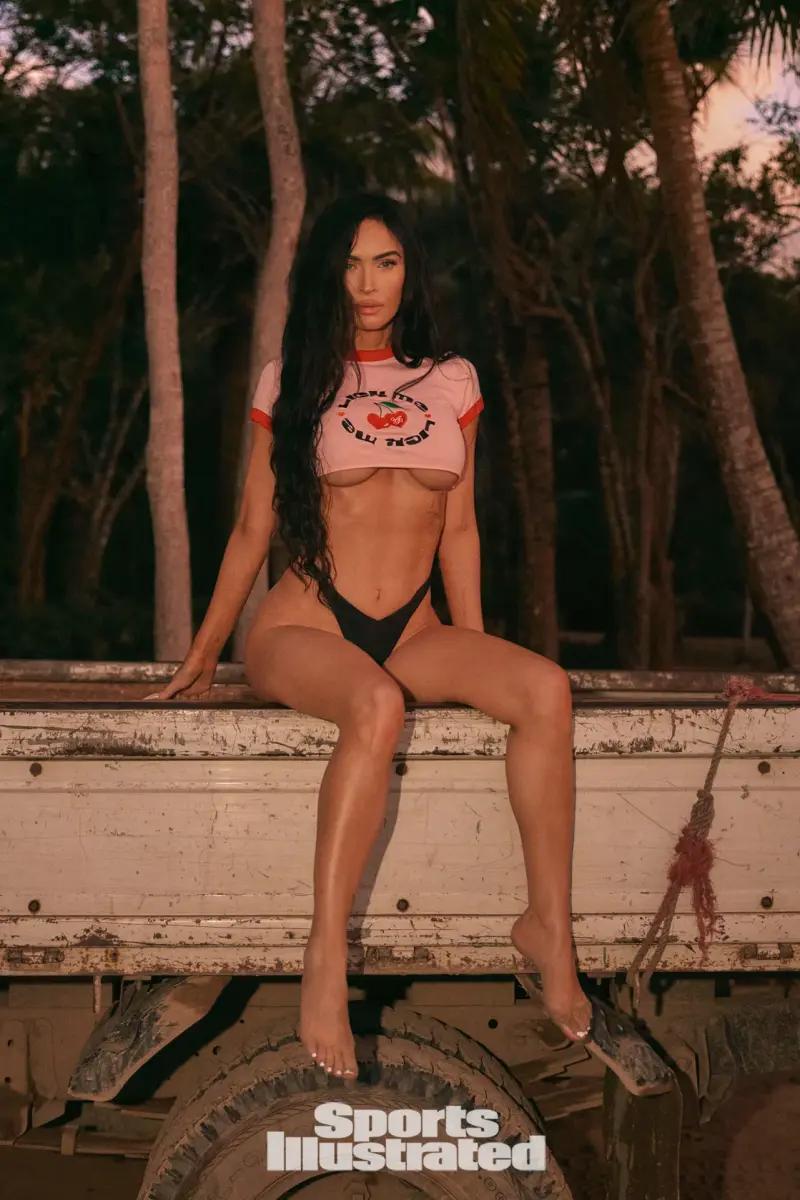 Megan Fox was photographed by Greg Swales in the Dominican Republic. Top: Agent Provocateur. Swim Bottoms: GCDS. Earrings: Jacquie Aiche.